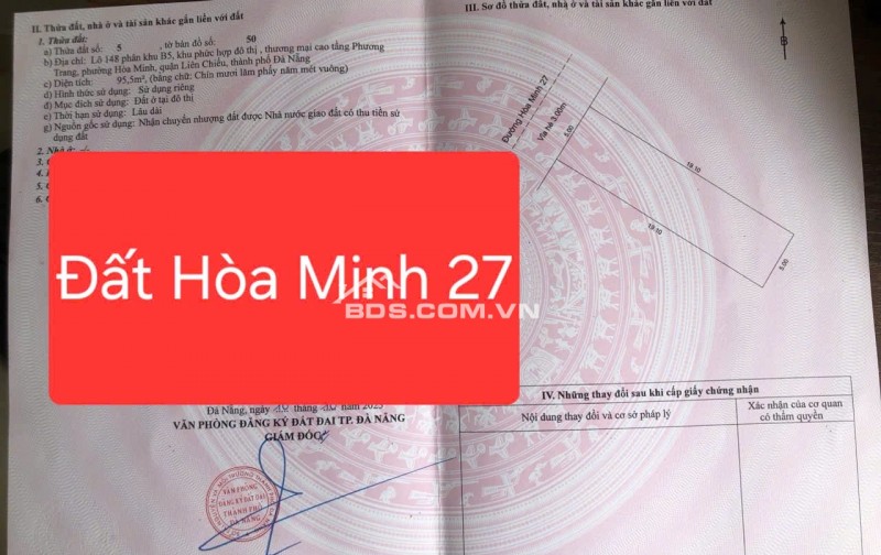 Bán đất MT đường 6m Hòa Minh 27 - Diện tích đất 95.5m2 (5x19.1) vuông vức